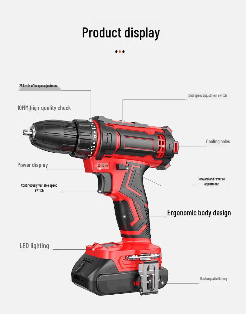 Cordless Lithium Battery Drill Hand Tool Set for Electricians & Carpenters - Multifunctional Repair Kit with Tool Box