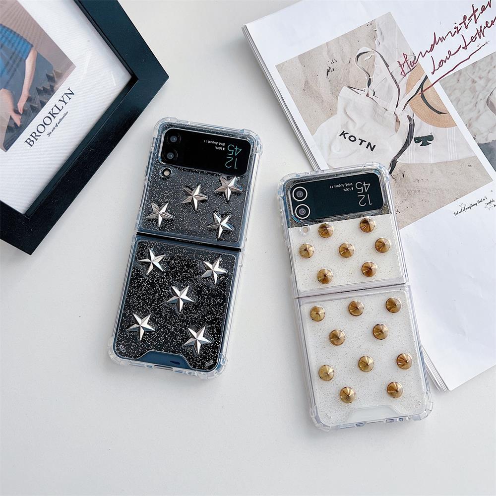 Für Samsung Galaxy Z Flip 4 3 Hülle 3D Pentagramm Runde Nagel Faltbare Transparente Stoßfeste Harte Rückseite Für Zflip4 Flip3 Hülle