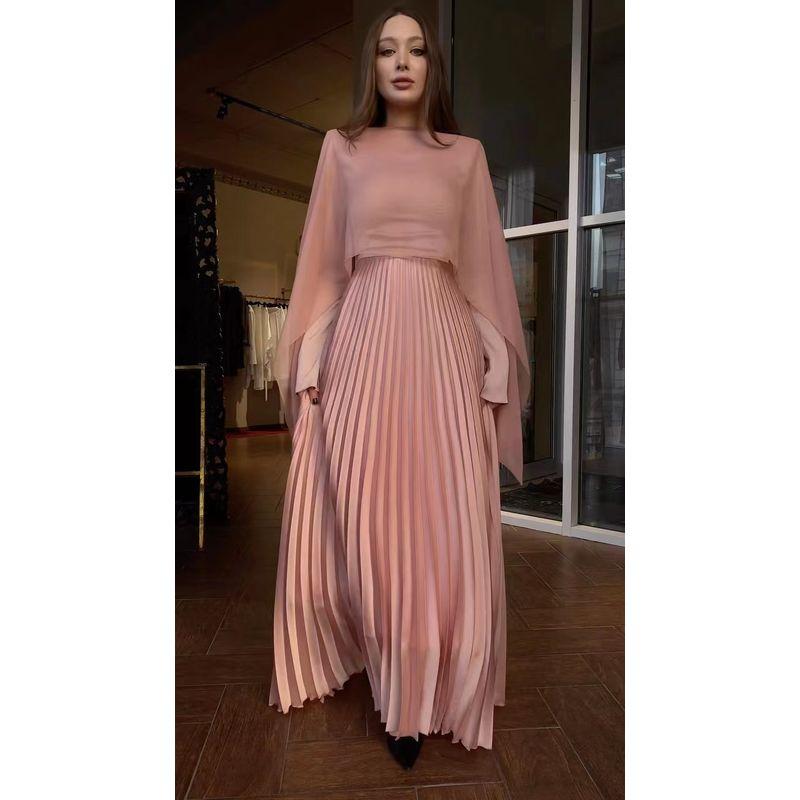 

Европейское и американское новое розовое платье с плиссировкой, темпераментное, облегающее талию, с длинным рукавом, темпераментное плиссированное платье Pink [send shawl]] S