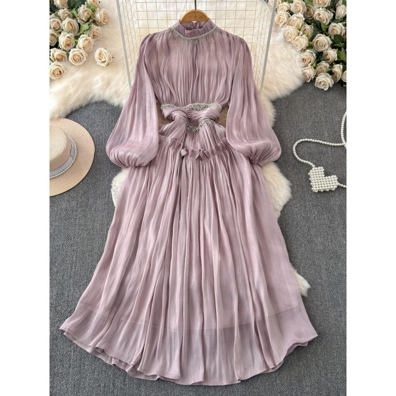 2024 Spring Clothing New Arrival French Fancy Classic Style Western Style Diamond Tassel Pleat and Waisted Long Dress Tide