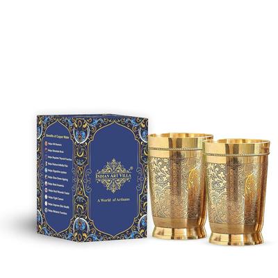 Pure Brass Glass Tumbler with Embossed Design, for Drinking Serving Water, Yoga & Ayurveda, Volume-330 ML, Set of 2