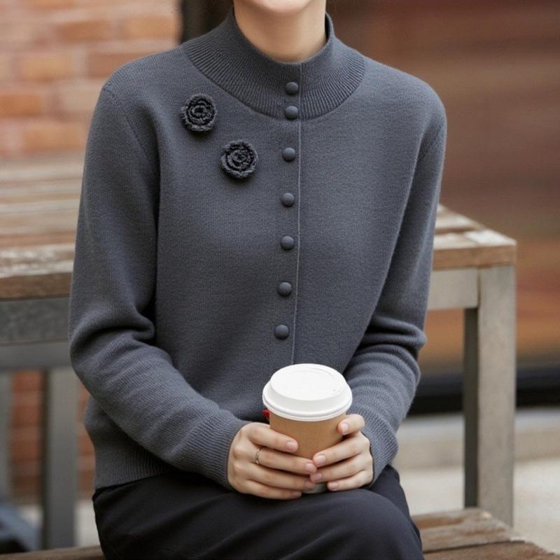 

2026 Spring Old Money Style 3D Flower Stand Collar Knit Cardigan - Long Sleeve, Versatile. L серый