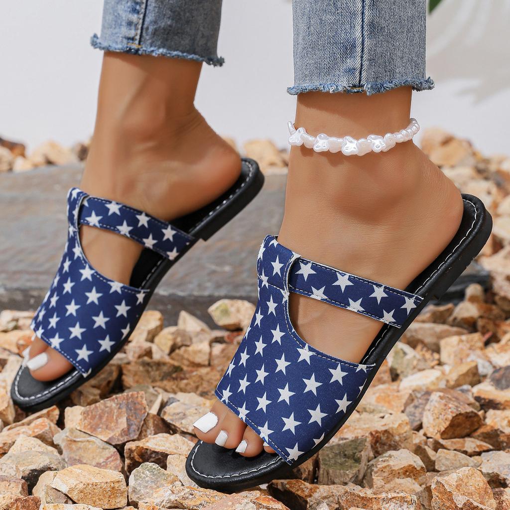 Women Slip On Sandals Star Pattern Open Toe Flat Slide Sandals Casual Comfortable Footwear for Daily Wear