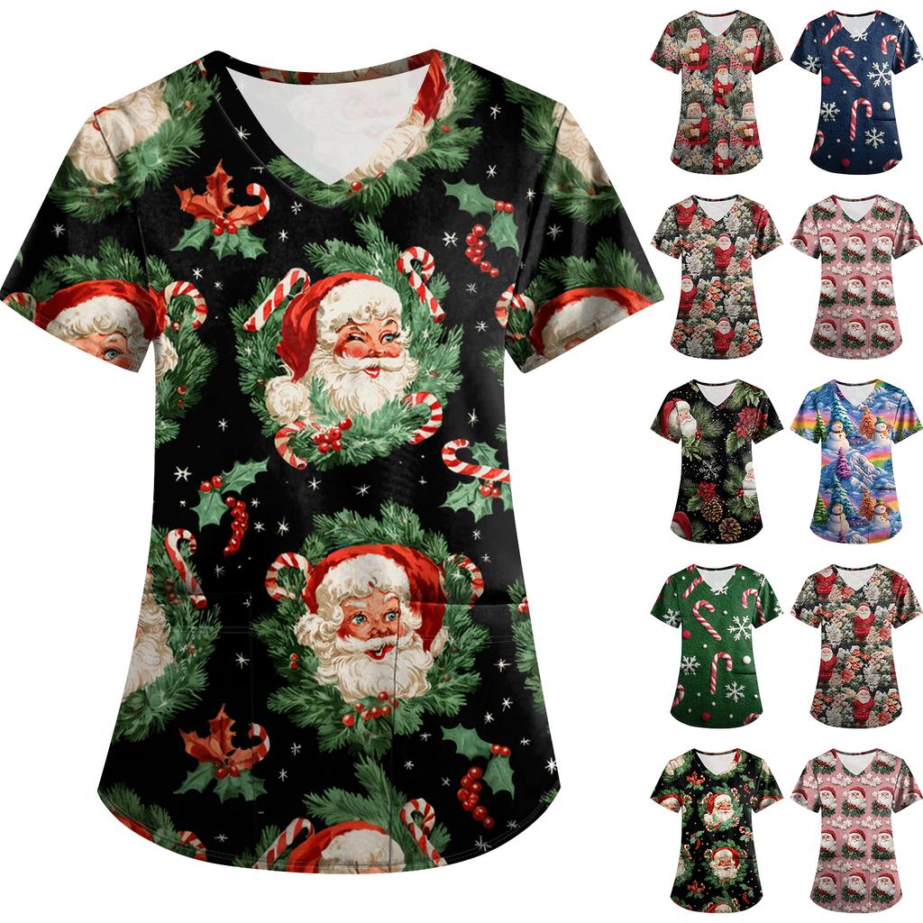 Plus SizePrinted Scrub Working Uniform Tops For Women's Cross V-Neck Print Short Sleeve Fun T-Shirts Workwear Tee With Pockets