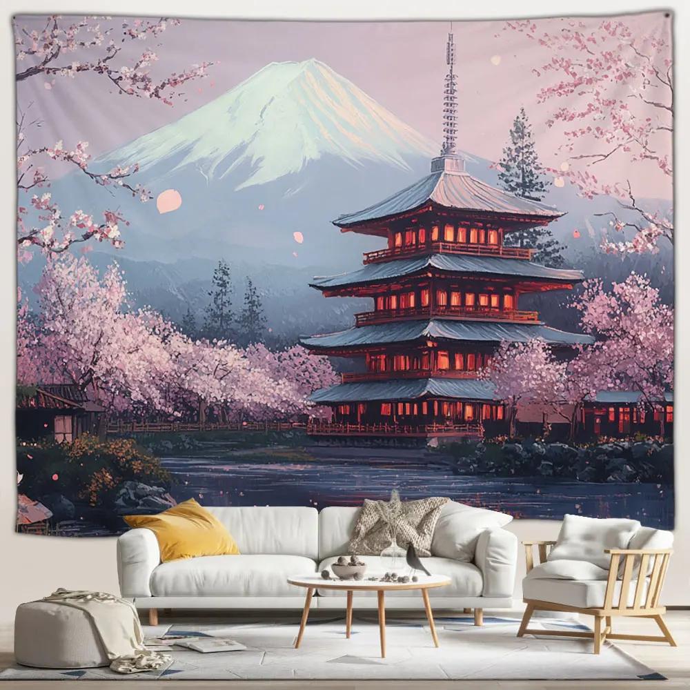 Japanese Scenery Tapestry Pink Cherry Blossom Flowers Misty Landscape Chinese Architecture Living Room Bedroom Decor Wall Hangin