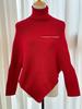 Women's Red High Collar Slim Knit Sweater - Autumn/Winter 2025 Korean Trend