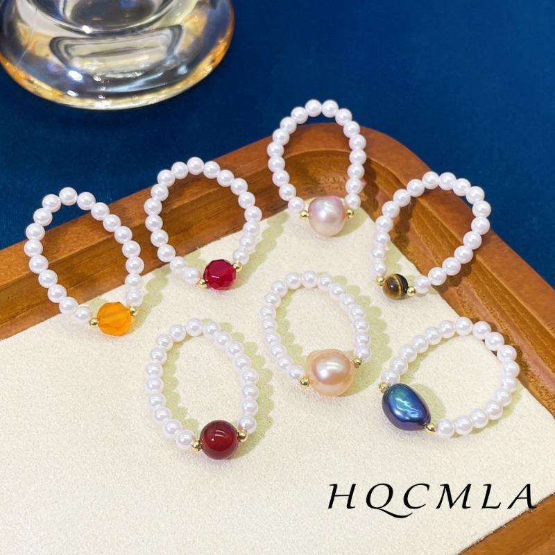 Meier French retro pearl beaded ring - stretchy knuckle ring - fashionable and exquisite glass jewelry