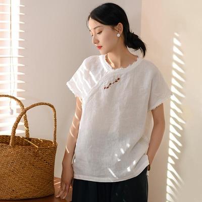 T-shirt da donna in lino con ricamo T-shirt estive a maniche corte T-shirt vintage da donna larghe