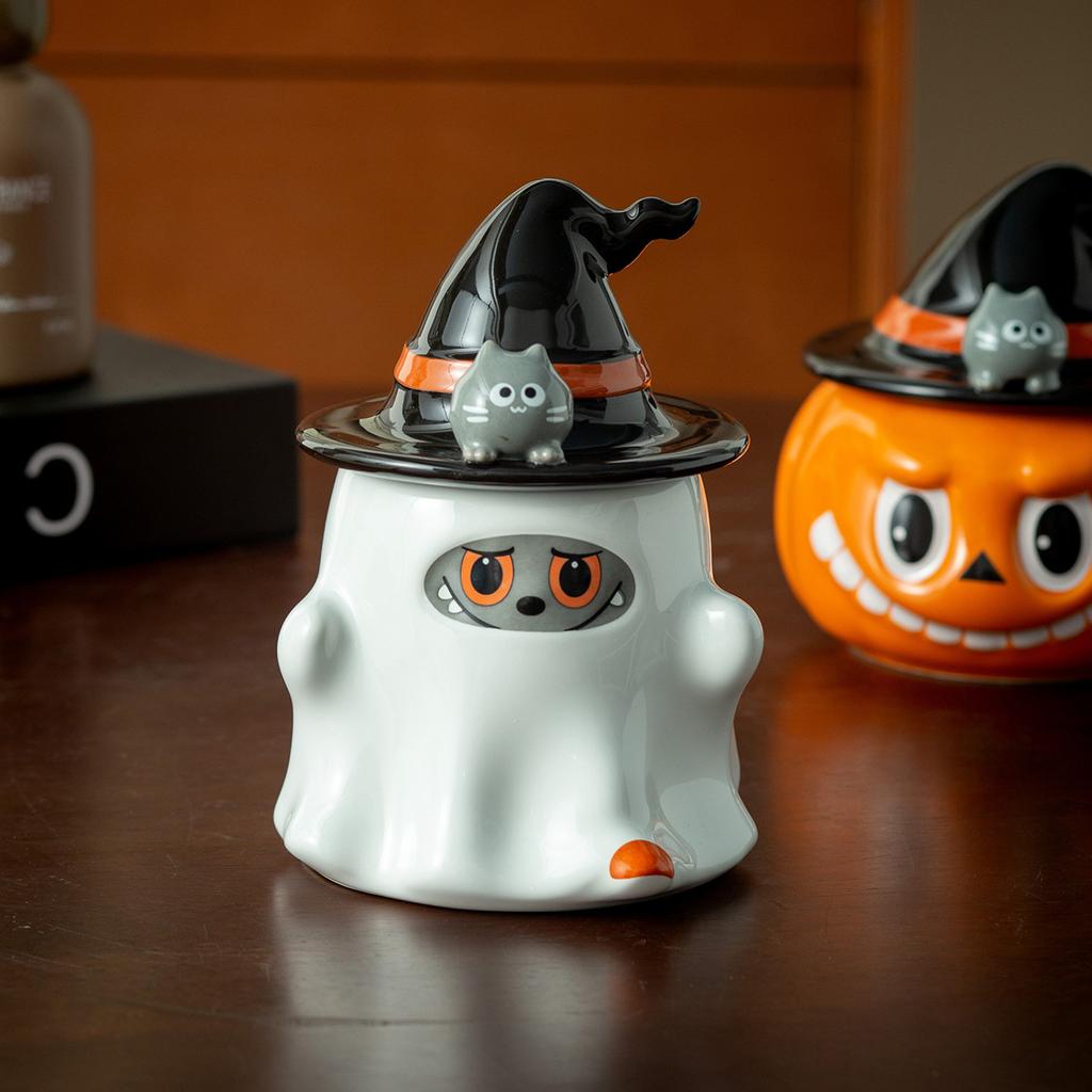 Taza de Cerámica Creativa de Calabaza Fantasma Taza de Pareja de Halloween con Tapa Taza de Café Divertida para la Oficina