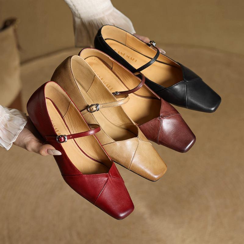 New Comfortable Beef Tendon Small Leather Shoes Low Heel One Pedal Four Seasons Wear Fashion Single Shoes Leather Large Size Shoes Flat Heel Square 