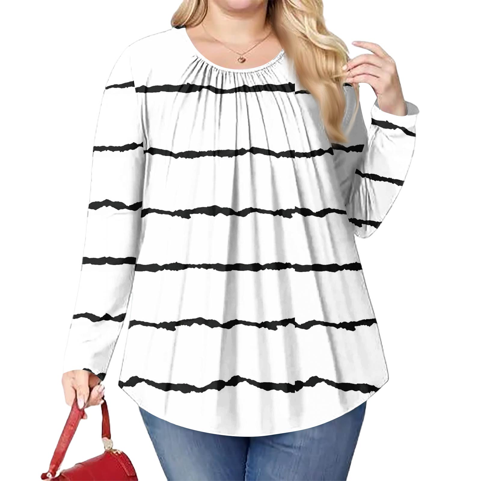 

Женский модный топ большого размера с принтом, повседневный плиссированный, с круглым вырезом и длинными рукавами XL белый