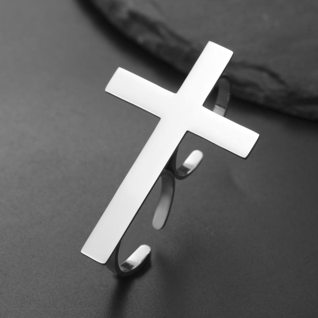 Jeshayuan Two Finger Cross Ring For Men Vintage Big Cross Open Ring Trendy Gothic Gold Silver Color Finger Christian Rings