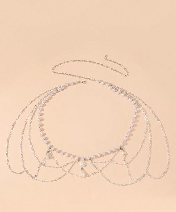 4270 Women's Multi-Layer Tassel Waist Chain with Pearls and Metal Accents