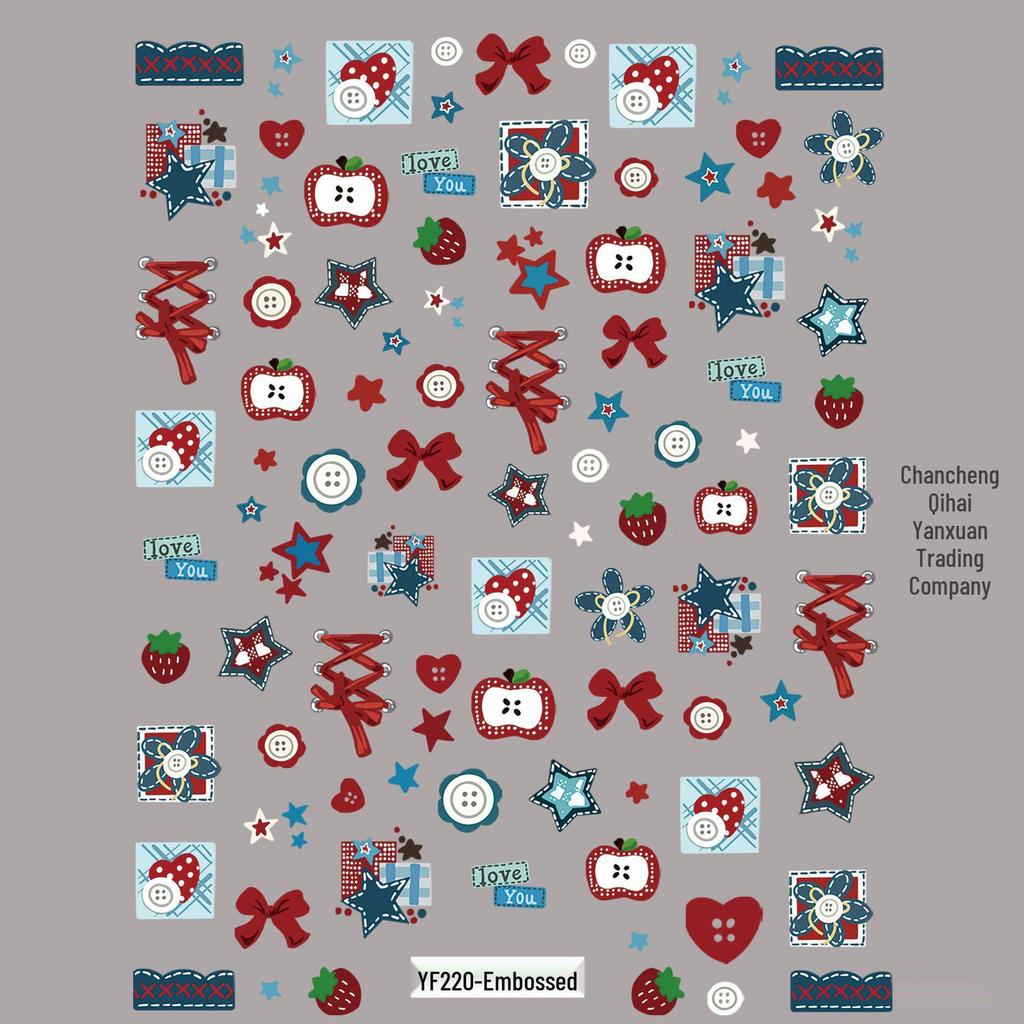 Patchwork Bear & Dora Adhesive Nail Stickers with Cute Heart and Camera Designs