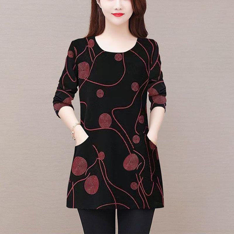 Spring and Summer Middle-aged Women's Round Neck Thin Long Sleeved Geometric Printed Pocket Fashion Casual Bottom Tops