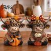 Country Home Ornament 2PCS Highland Cow Ornament, Wooden Rustic Style Figurine, Thanksgiving Figurines Theme Wood Art, for Entrance Living Room Decor