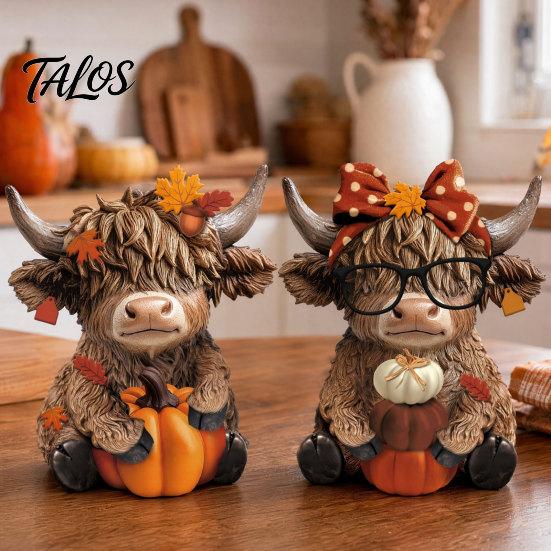 Country Home Ornament 2PCS Highland Cow Ornament, Wooden Rustic Style Figurine, Thanksgiving Figurines Theme Wood Art, for Entrance Living Room Decor