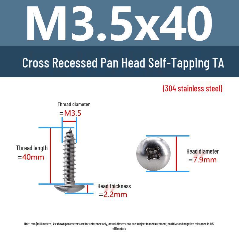 304 Stainless Steel Large Flat Head Self-Tapping Screws, TA Umbrella Head, Pointed Tail, M2-