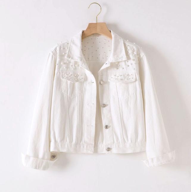 

Джинсовая куртка оверсайз для женщин 2025 года с вышивкой жемчугом 2XL белый/кремовый