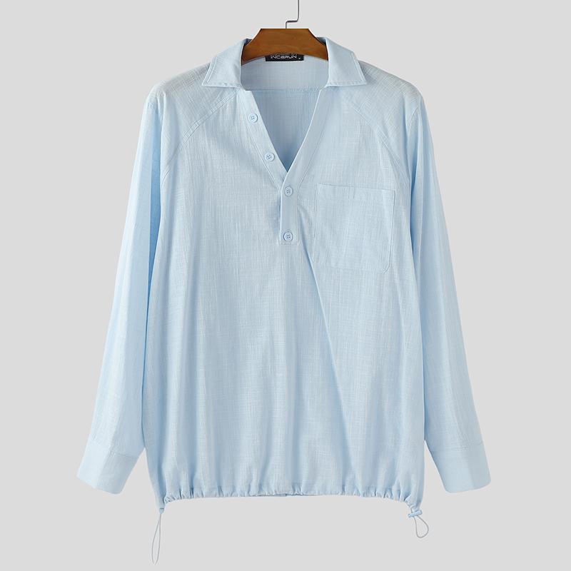 

INCERUN Men Lapel Neck Long Sleeve Solid Color Casual Oversized Shirts 5XL синий