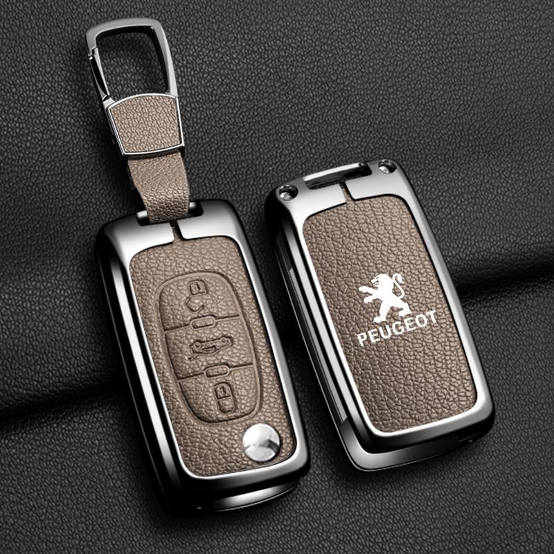 2026 Hete Auto Sticker Legering Leer Auto Flip Afstandsbediening Sleutelhoes Fob Cover Houder Shell voor Peugeot 207 307 308 407 607 807 Beschermer