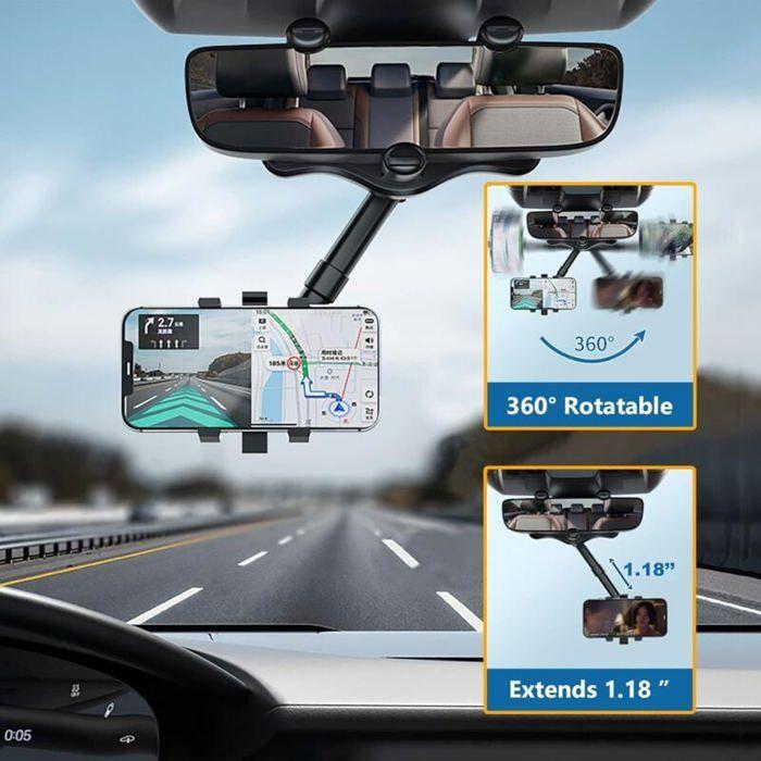 Car Rearview Mirror Phone Holder, 360° Rotatable and Retractable for All Smartphones (compatible iPhone, Samsung)