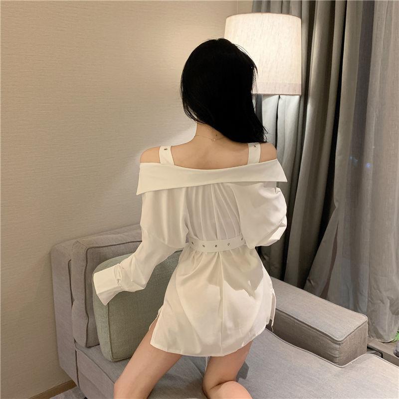 Rochie Gotică Neagră Cămașă Sexy Rochii Mini cu Curea Vară Punk Mânecă Lungă Bretea Umeri Goi Haine Femei Petrecere Vestidos