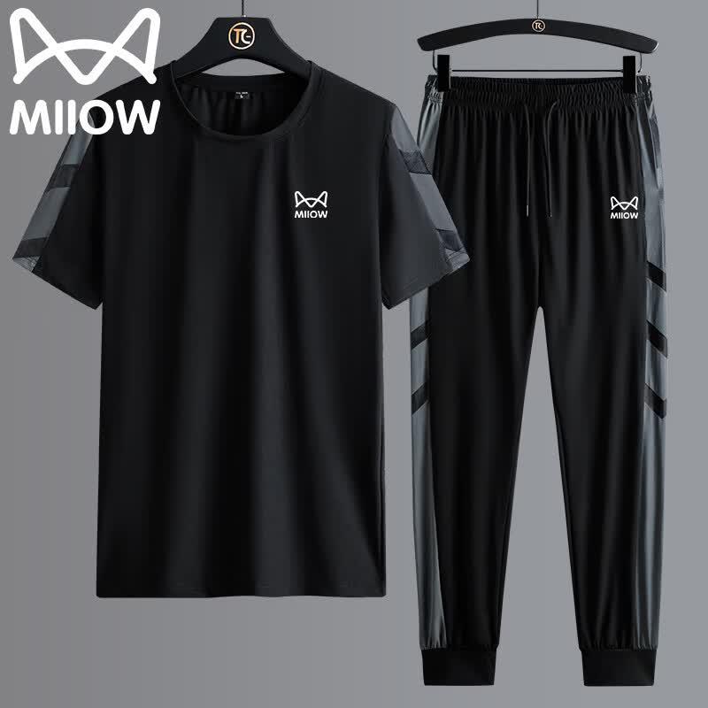 

MiiOW Men s Summer Ice Silk Quick-Dry Sports Two-Piece Set (T-Shirt & Pants) 4XL
