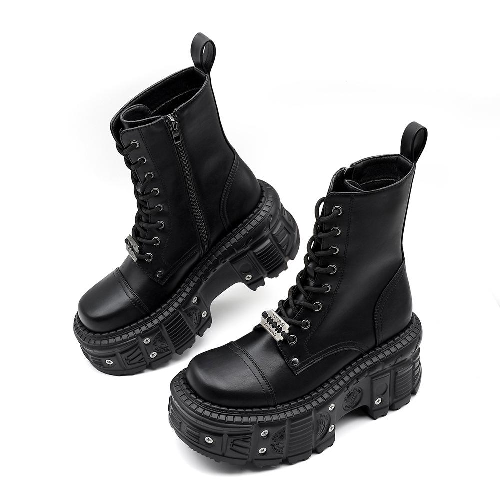 Dark Punk Lace-up Platform Martin Boots - Women's Mid-calf, Thick-soled, Height-increasing for Autumn/Winter 