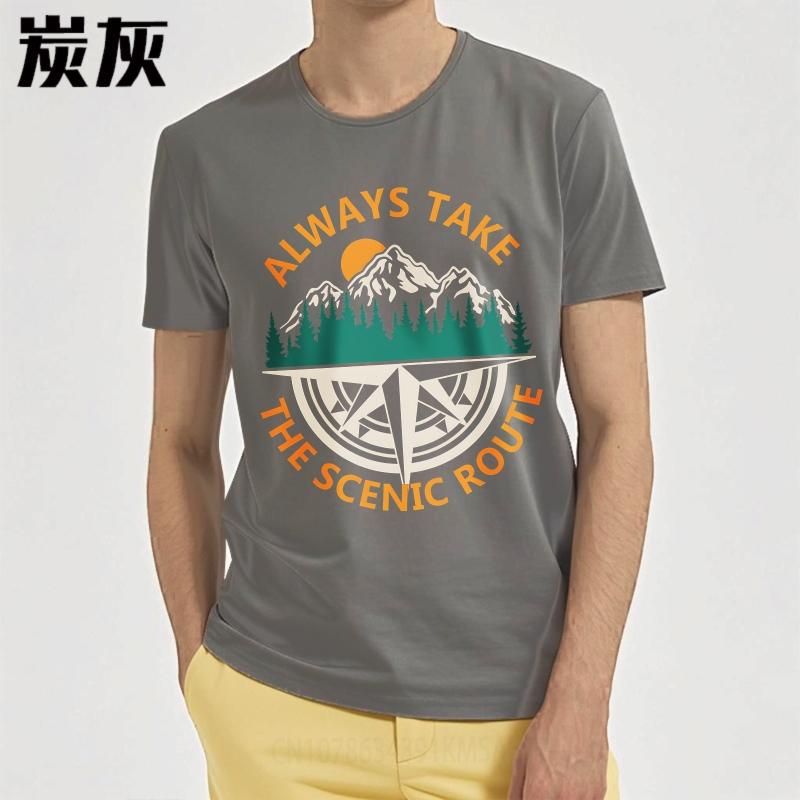 Big Size Summer Women T Shirt Always Take The Scenic Route Mountains Compass Sunset Trees Short Sleeve Adult ONeck Tees