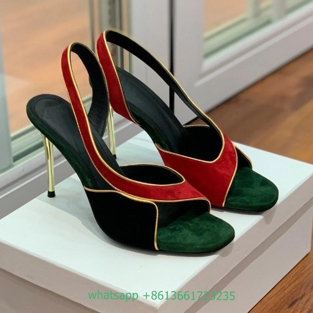 Meatl Stiletto High Heel Suede Mixed Color Splicing Sandals Slip On Women Sandals Slingback Catwalk Design Luxury Shoes