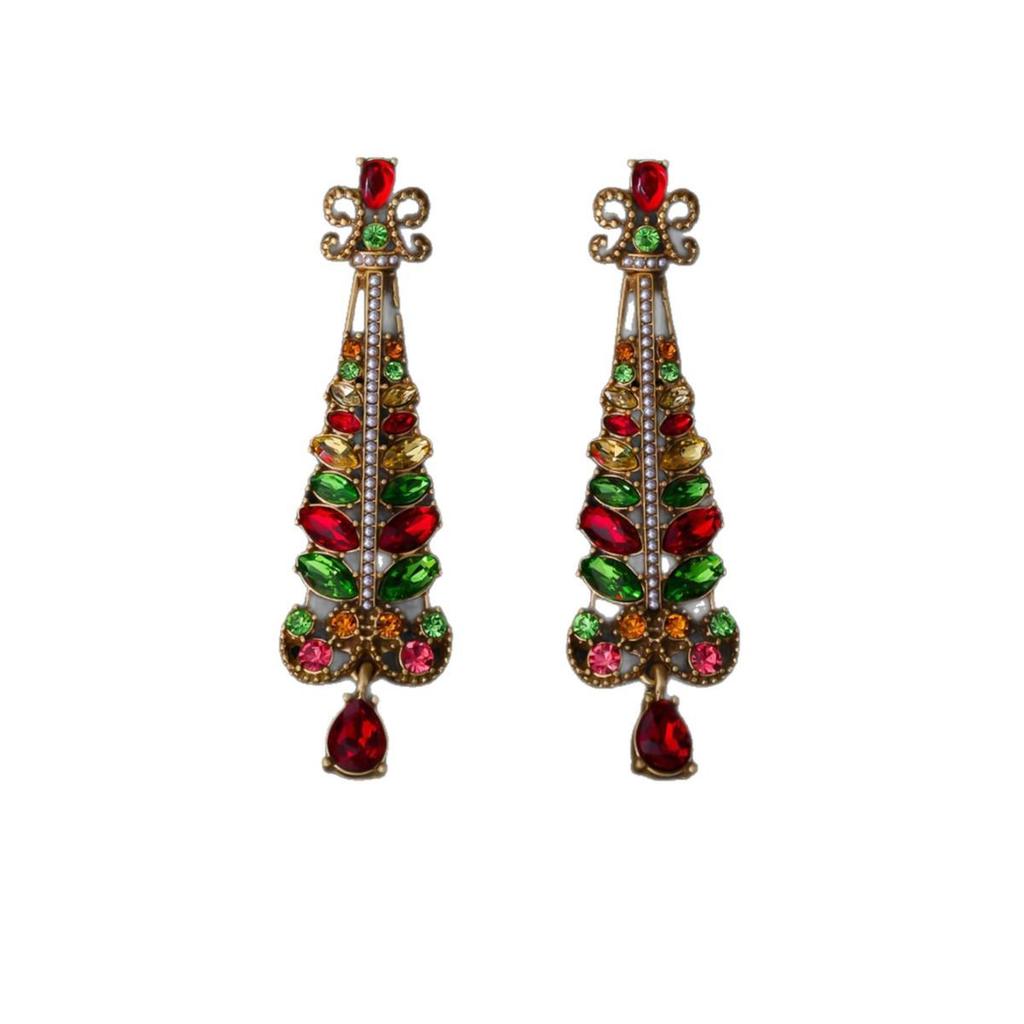 Colorful Rhinestone Christmas Tree Studs: Elegant Vintage Crystal Dangle Earrings