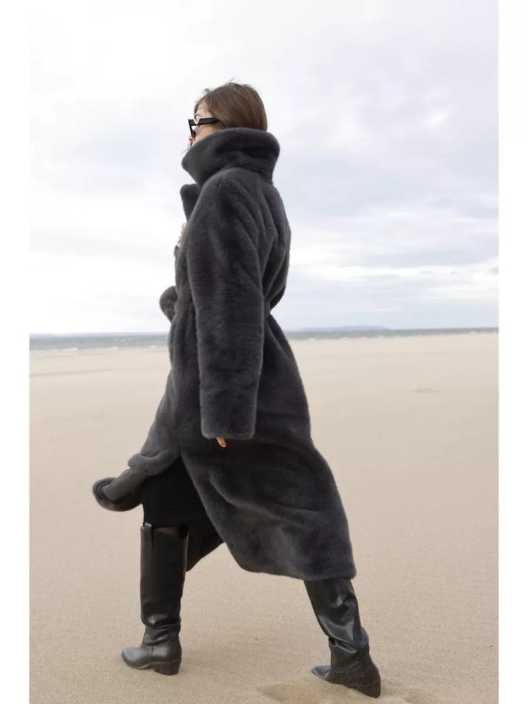 Faux Fur Long Coats Women Jackets Overcoats Lace Up Turn Down Collar Full Sleeve Open Stitch Thick Loose Y2k  Autumn Winter