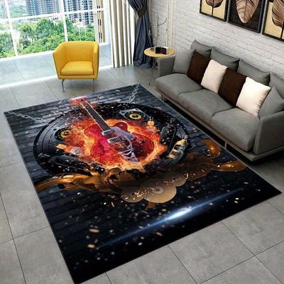 Guitar Flame Rug: Ignite Your Passion for Music | Rock and Roll Decor | Musical Instrument Themed Carpets Skid Resistant Carpet