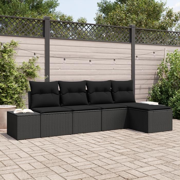 VidaXL Ensemble de canapé de jardin 5 pièces avec coussins en poly rattan noir 3347023