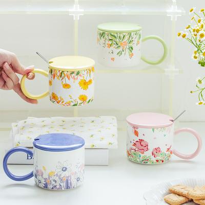 Japanische Pastorale Blume Keramiktasse Sommerfrisch und mit Deckel Löffel Becher Büro Keramiktasse Geschenk