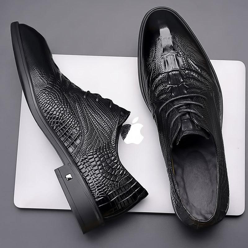 First layer cowhide British style leather shoes men's genuine leather men's shoes autumn pointed business dress crocodile pattern brown leather shoes