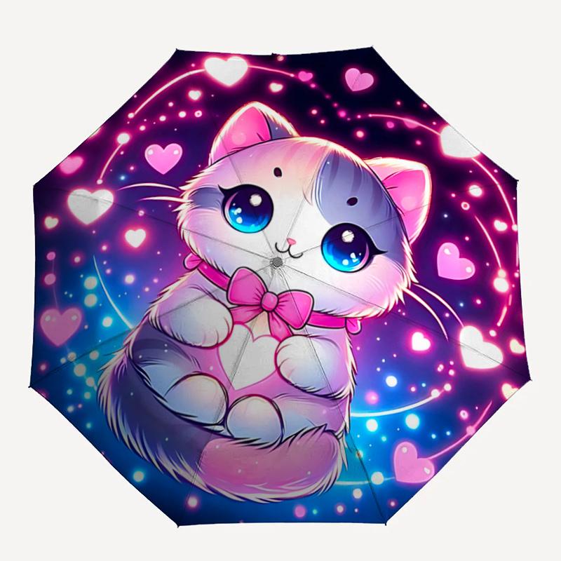1pc Sweet Love Cat Design Cartoon Umbrella, Portable 3-Fold Compact Umbrella, Suitable for Camping, Hiking and Travel, Ideal Easter Birthday