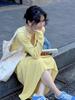 2025 Trendy Yellow and White Long-Sleeve Slim-Fit Dress for Spring and Autumn