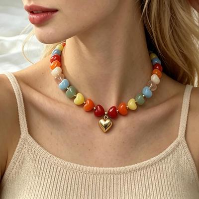 Collana Retro in Resina con Perline Dopamina: Catena per clavicola da donna a blocchi di colore regolabile