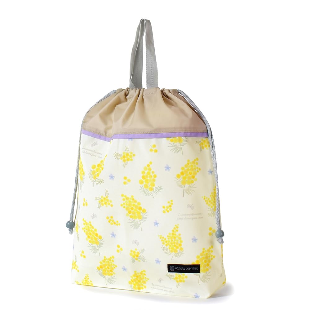 COLORFUL CANDY STYLE Large Drawstring Gym Clothes Bag Name with Handles and Mimosa for NL601500 (with Tag), Gusset, Water-Repellent, No-Iron, Fleur,