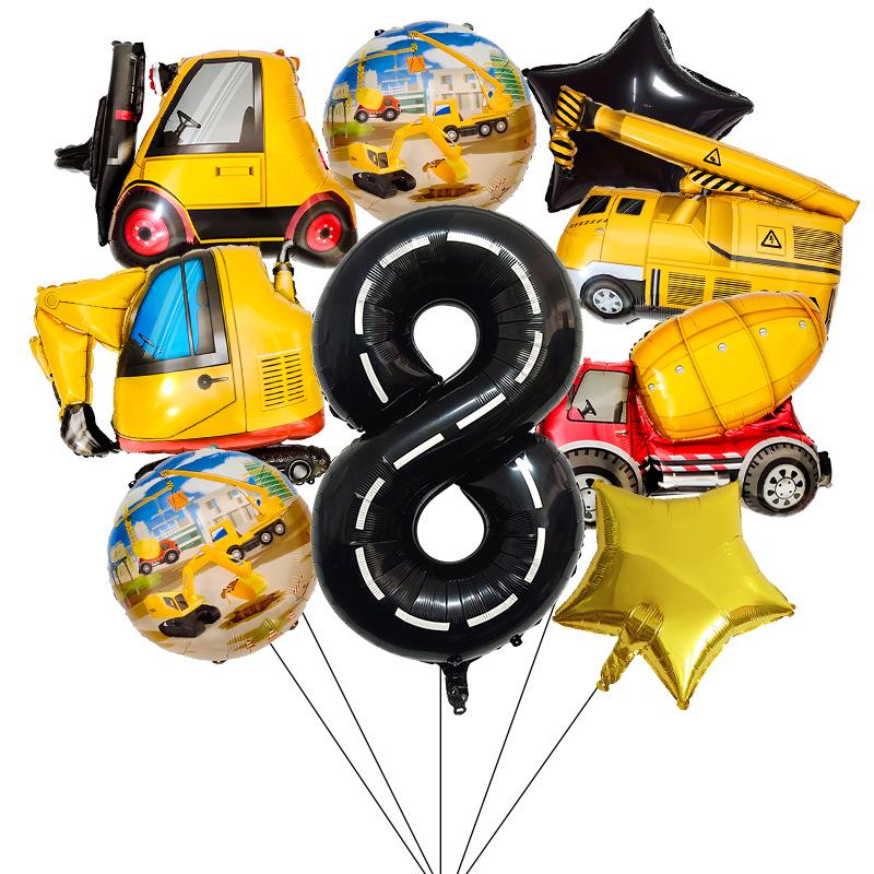 40" Black Number Construction Vehicle Theme Aluminum Foil Balloon Set for Birthday Party Decorations