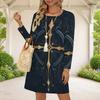 Women Plus Size Round Neck Long Sleeve Red Blue Star Swirl Printed A Line Dress