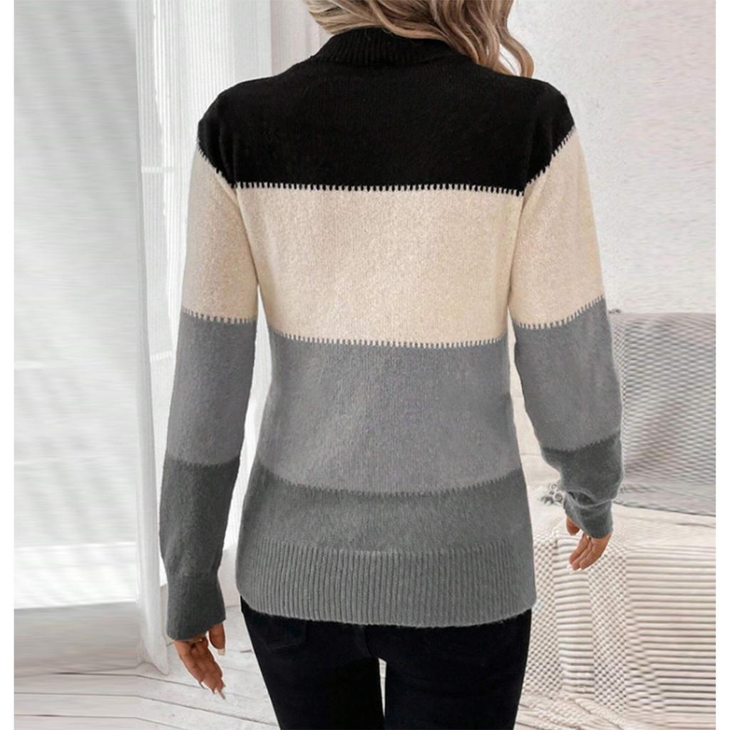 Women's Fashion Contrast Color Pullover Round Neck Long Sleeve Knitted Sweater