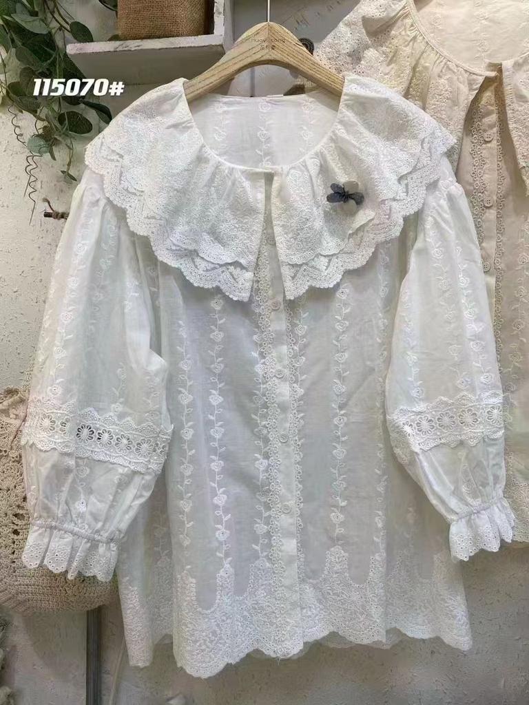 Huimei 1116 summer new female doll collar Japanese cotton shirt loose shirt top cardigan literary style embroidery