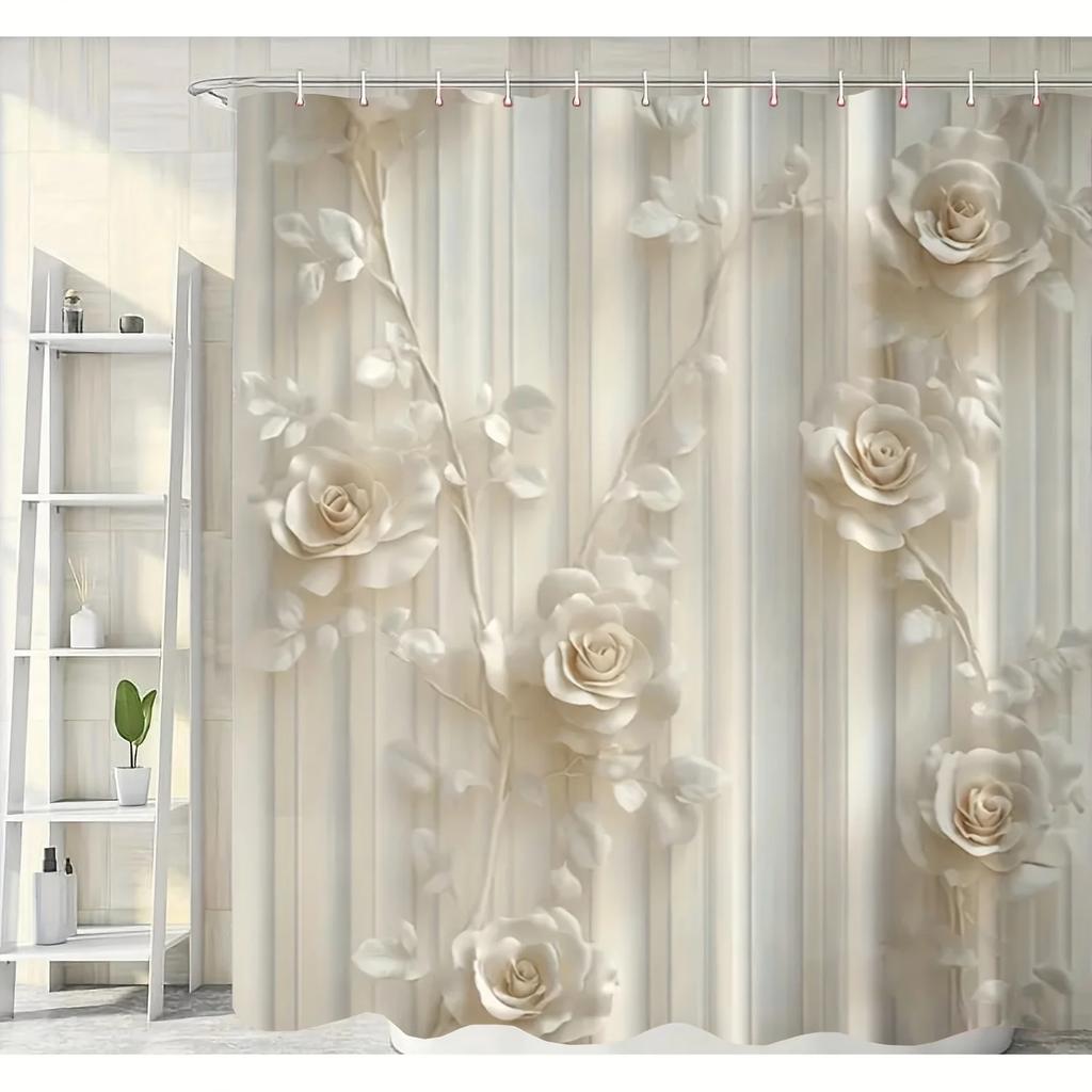 1pc Romantic Floral Shower Curtain with Pink and White Flowers Modern Home Bathroom Decorative Shower Curtain