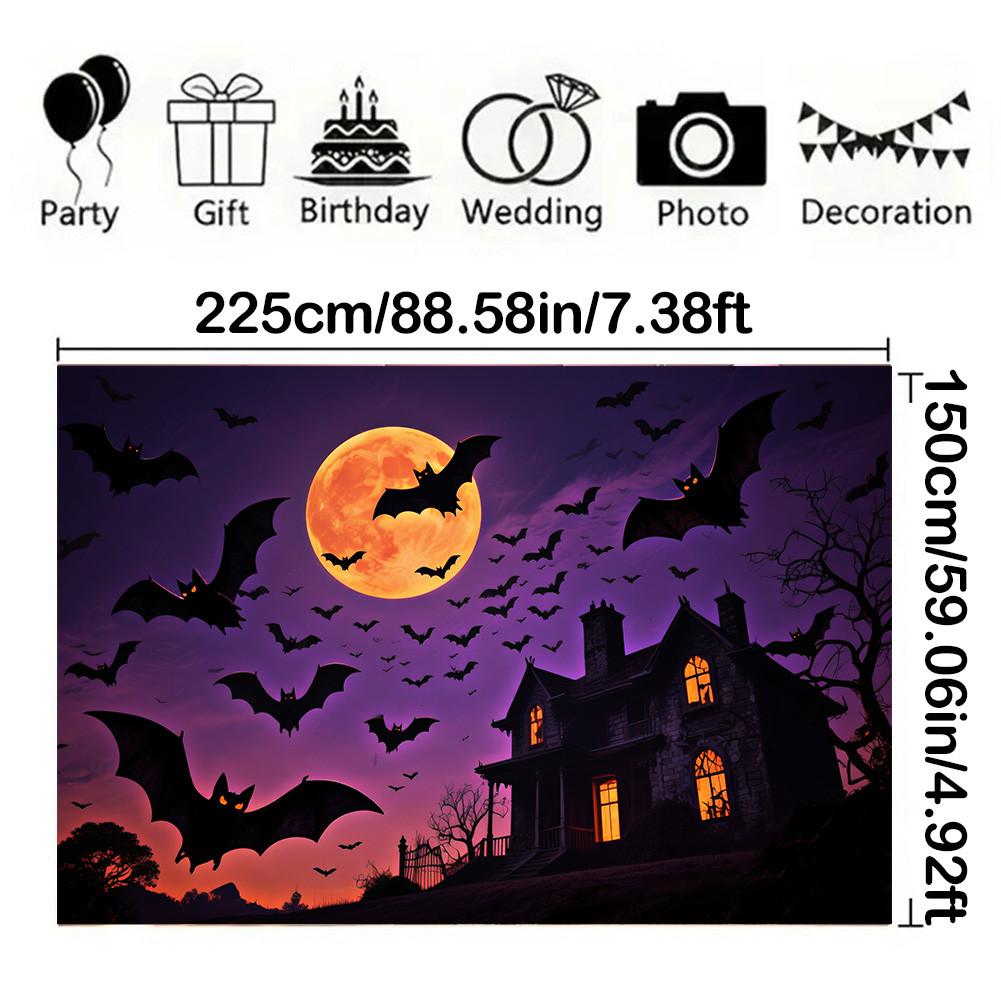 With Castle,Bats,Full Moon Elements-Halloween Backdrop Tapestry for Photo Booth,Party Event,Holiday Celebration,Wall Decor