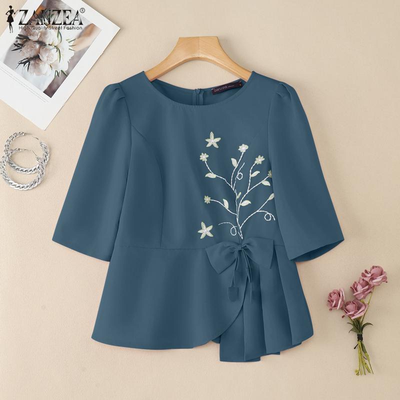 ZANZEA Blusa Casual de Verano para Mujer con Cuello Redondo y Manga Media con Bordado