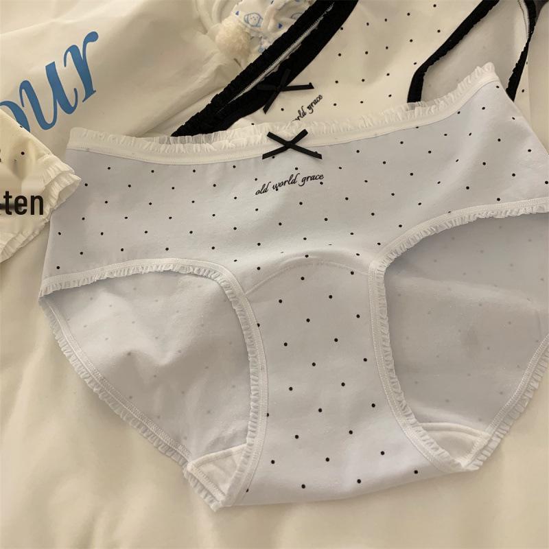Breathable Retro Polka Dot Women s Mid-Waist Cotton Panties with Antibacterial Extended Crotch. L: 100-120 jin