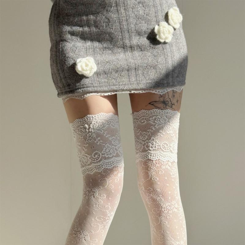 Stylish Long Boot Socks with Full Flower Lace Design for Women Sheer Colorful Fishnet Thigh High Over the Knee Stockings